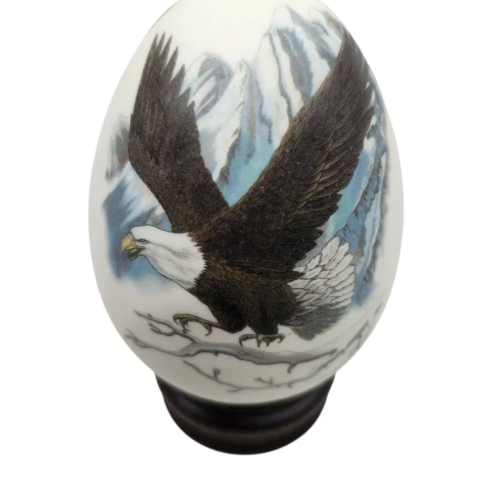 Eggzakly Collectors Egg Porcelain with Wood Stand Handmade Bald Eagle Soaring